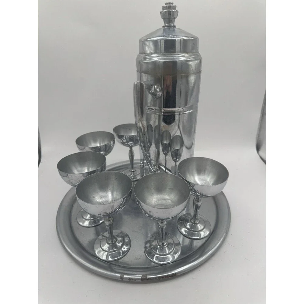 Art Deco Chrome Silver Cocktail Set With 6 Cups And Tray Ice Hot Carafe